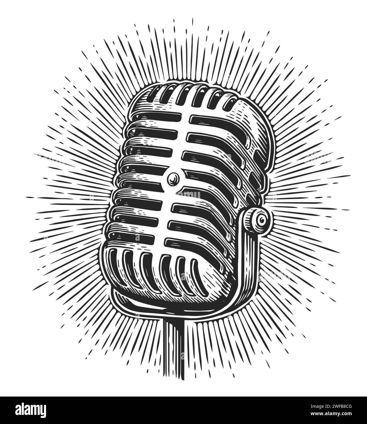 Podcasting-Retro-Mikrofon. Handzeichnung Skizze, Vintage-Aufnahmemikrofon Stockfoto