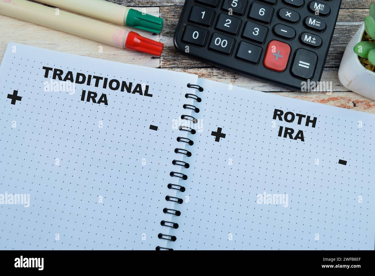 Konzept der traditionellen IRA und Roth Ira schreiben auf Buch isoliert auf Holztisch. Stockfoto Konzept der traditionellen IRA und Roth Ira schreiben auf Buch isoliert auf Holztisch. Stockfoto
