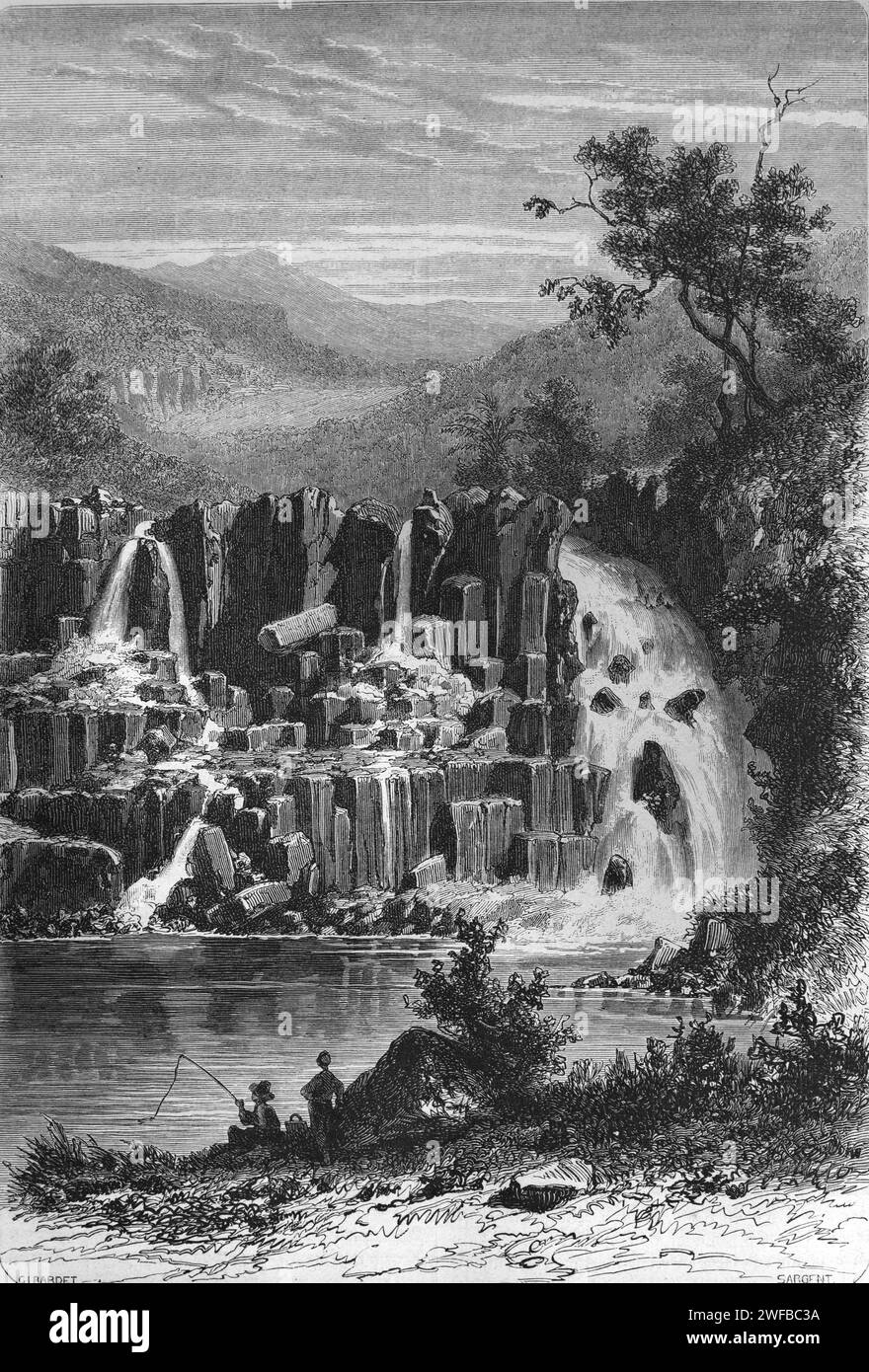 Rochester Falls Wasserfall oder Kaskade am Savanne River in der Nähe von Souillac Mauritius. Vintage oder historische Gravur oder Illustration Stockfoto
