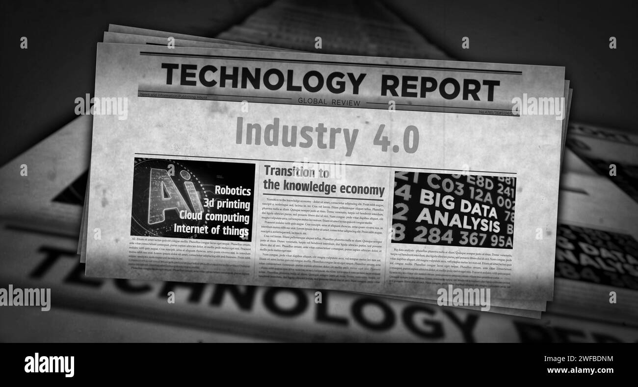 Industrie 4,0 Technologie Robotik und Automatisierung Vintage Nachrichten und Zeitungsdruck. Abstraktes Konzept Retro-Schlagzeilen 3D-Illustration. Stockfoto