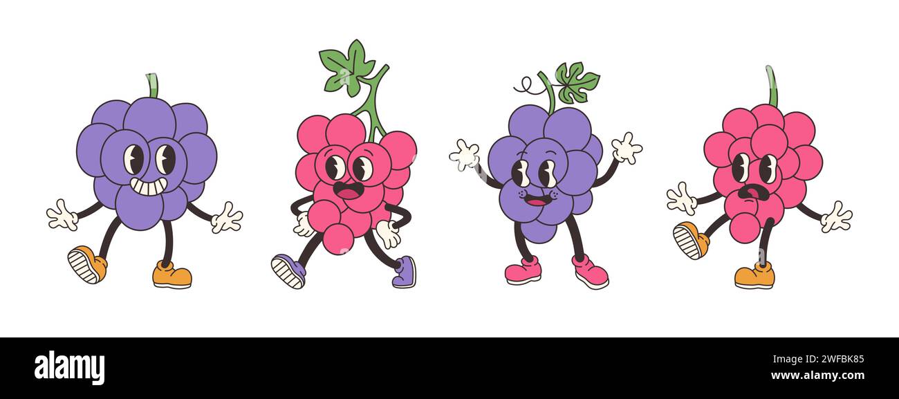Grooviges Traubenset. Handzeichnung lustige Retro-Vintage-Cartoon-Figur im trendigen Stil. Doodle Comic Kollektion Stock Vektor
