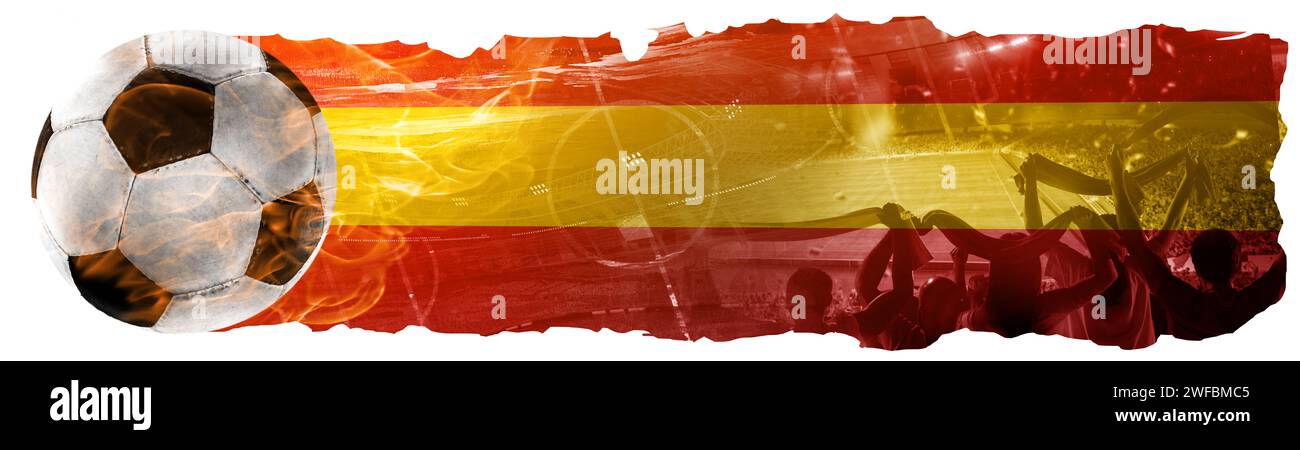 Fußball mit Sportfans, die das spanische Team während der internationalen Meisterschaft anfeuern. Banner. Ereignis sortieren Stockfoto