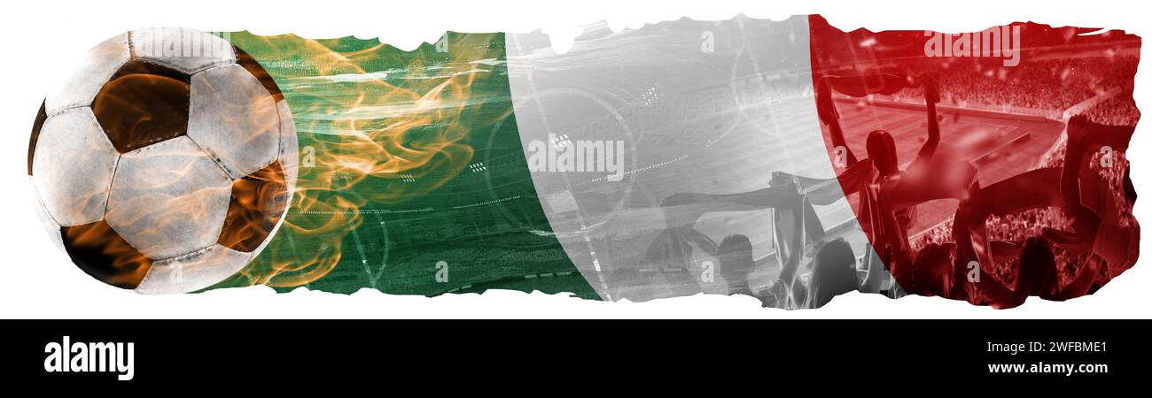 Kombination aus Fußball und Nationalflagge. Sportfans, die das Spiel besuchen und das Team Italiens aufheitern Stockfoto