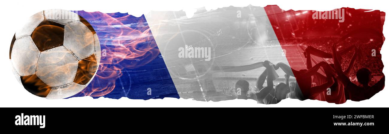 Sportfans besuchen das Spiel und feuern das französische Team auf. Kombination aus Fußball und Nationalflagge Stockfoto