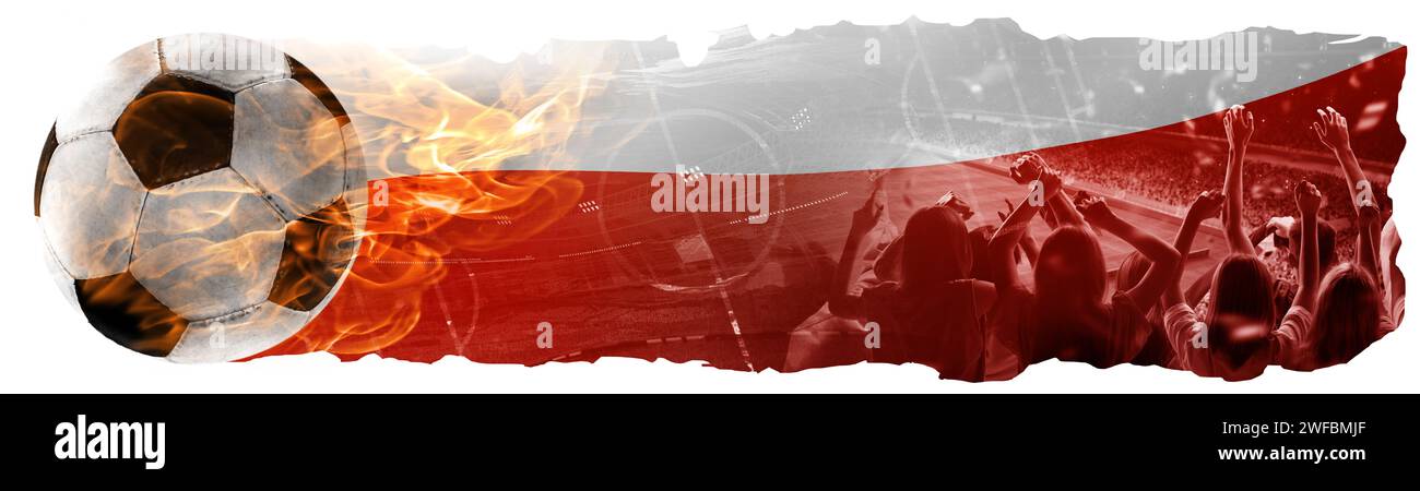 Sportfans besuchen das Spiel und feuern das polnische Team auf. Kombination aus brennendem Fußball und Nationalflagge Stockfoto