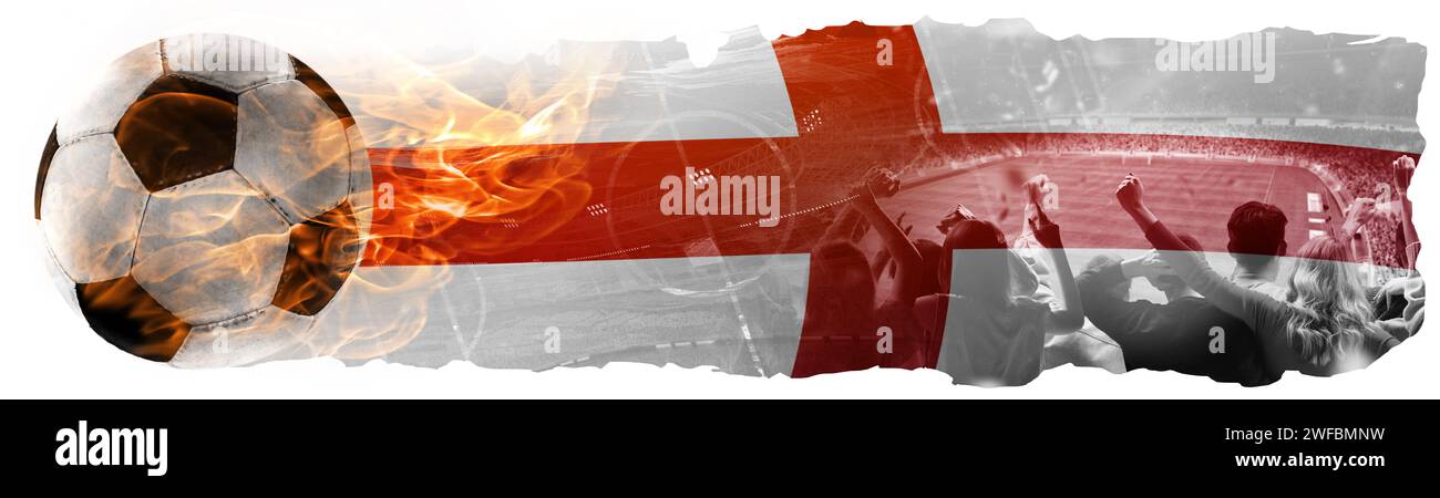 Sportfans, die das Spiel besuchen und das englische Team aufmuntern. Kombination aus brennendem Fußball und Nationalflagge Stockfoto