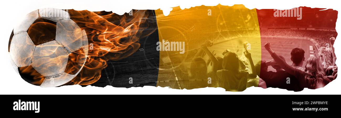 Sportfans, die das Spiel besuchen und das belgische Team aufheitern. Kombination aus Fußball und Nationalflagge Stockfoto