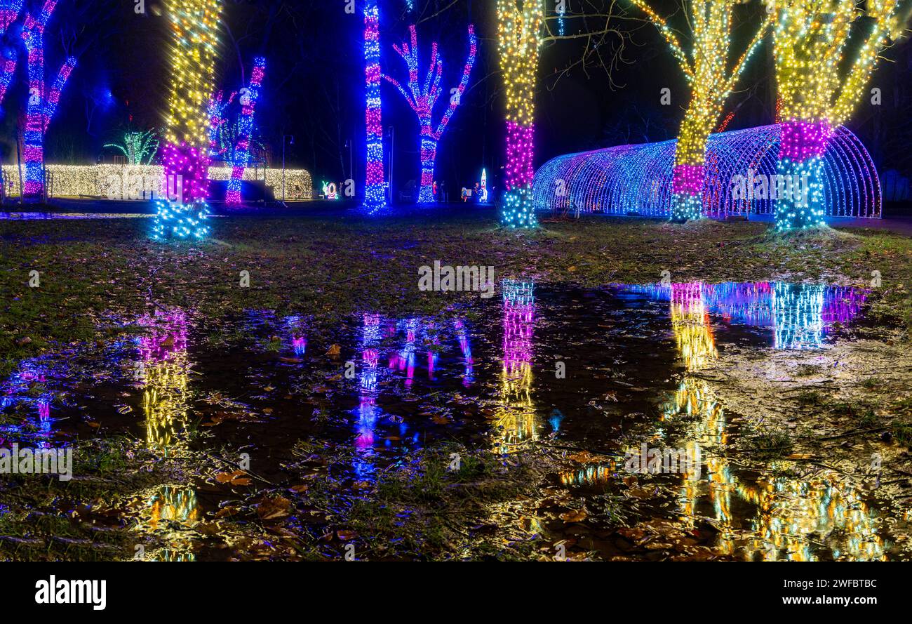 KRAKAU, POLEN - 25. DEZEMBER 2023: Schlumpfausstellung im Garten des Lichts während der Weihnachtszeit Stockfoto