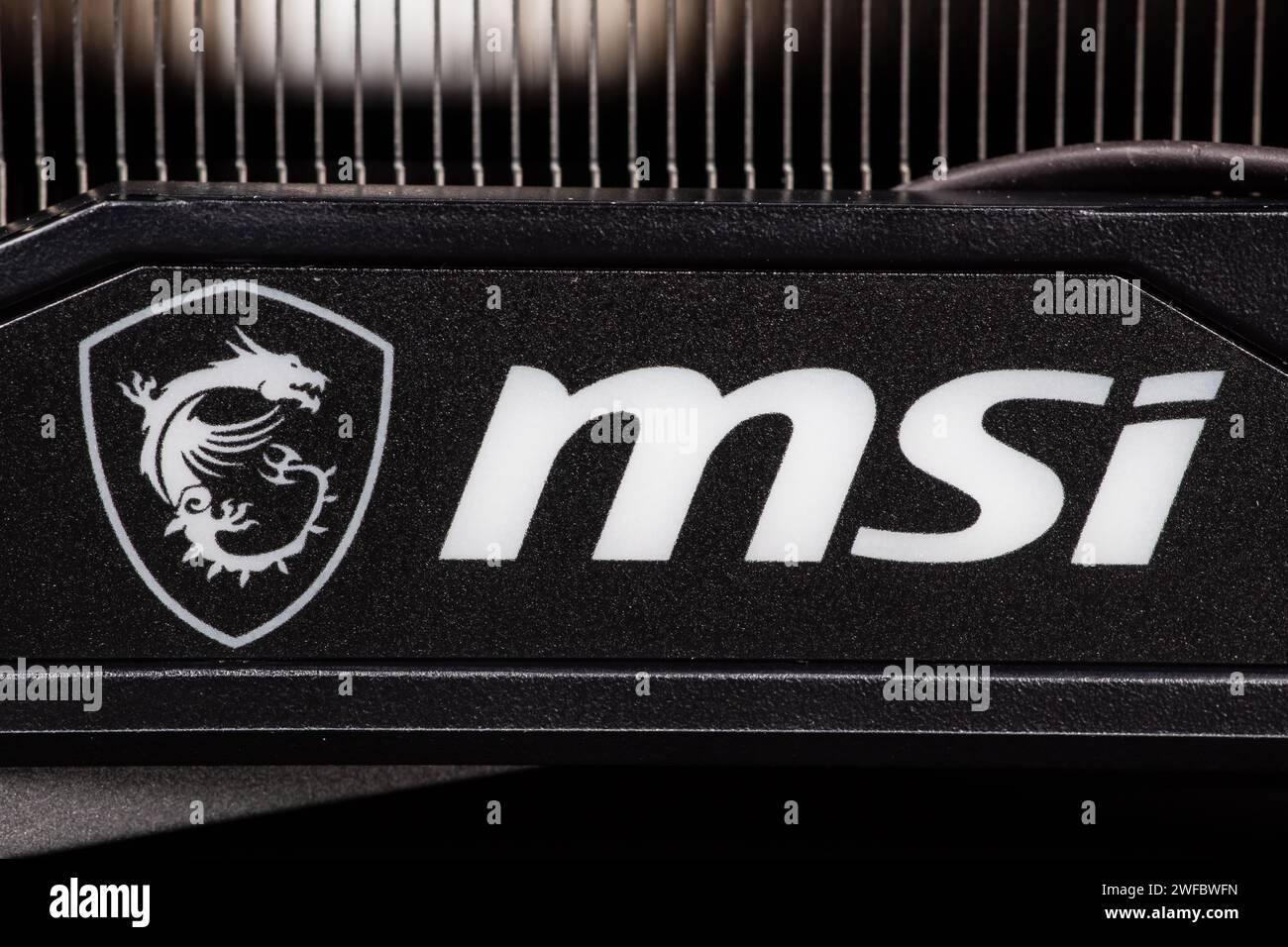 UKRAINE, DNIPRO, 23. FEBRUAR 2023: Grafikkarte mit MSI-Logo, Hardwarekomponenten für Build-PC oder Bergbaugerät. Stockfoto