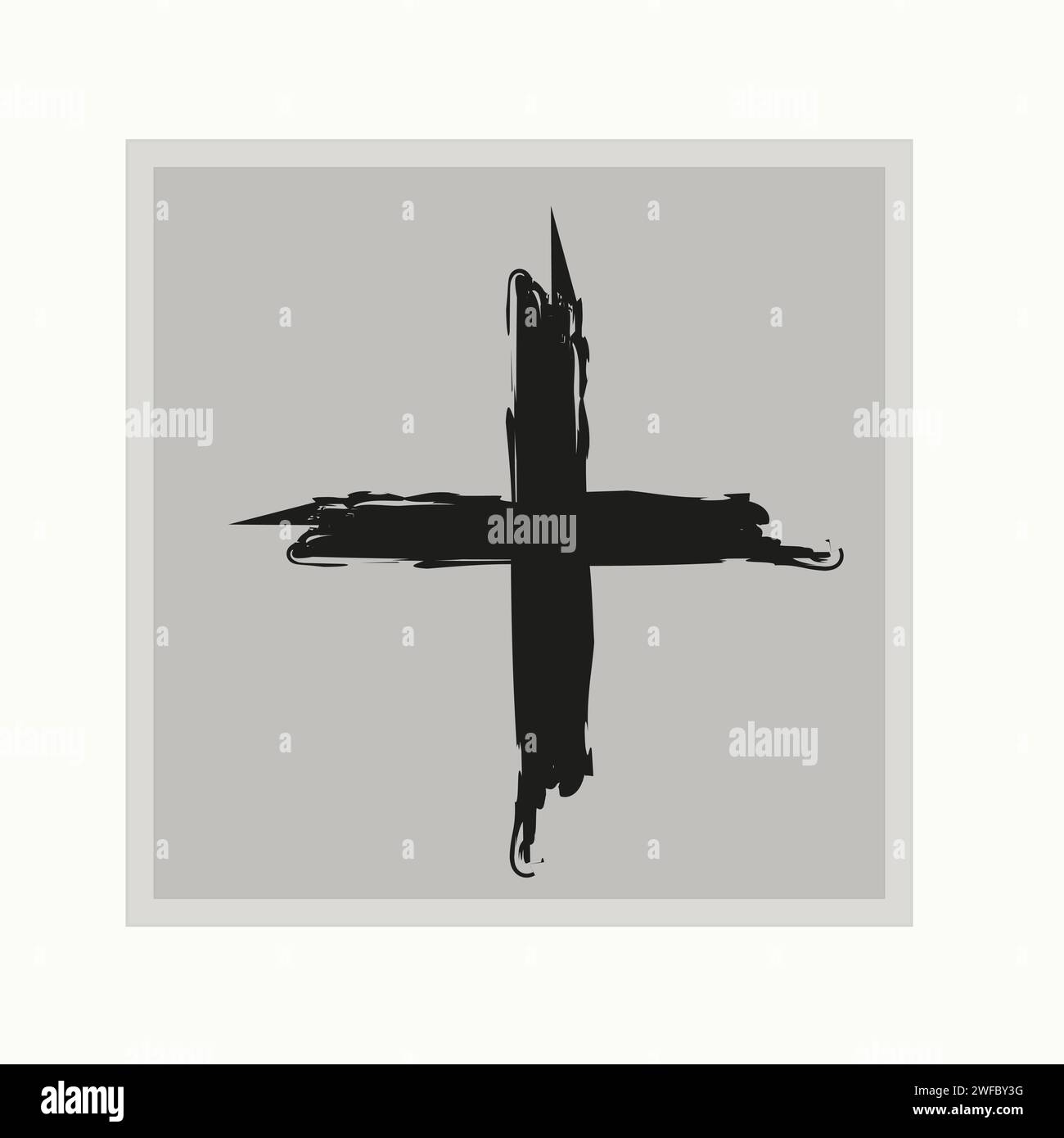 Graue Pinselstriche plus Symbol im grauen quadratischen Rahmen. Mathematische Hintergründe. Tintendesign. Vektorabbildung. Rohbild. EPS 10. Stock Vektor