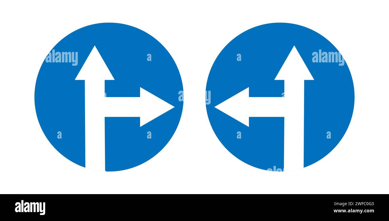 Biegen Sie rechts oder links ab. Fahren Sie geradeaus. Navigationssymbol. Verkehrsschilder. Blaue Kreise. Vektorabbildung. Rohbild. EPS 10. Stock Vektor