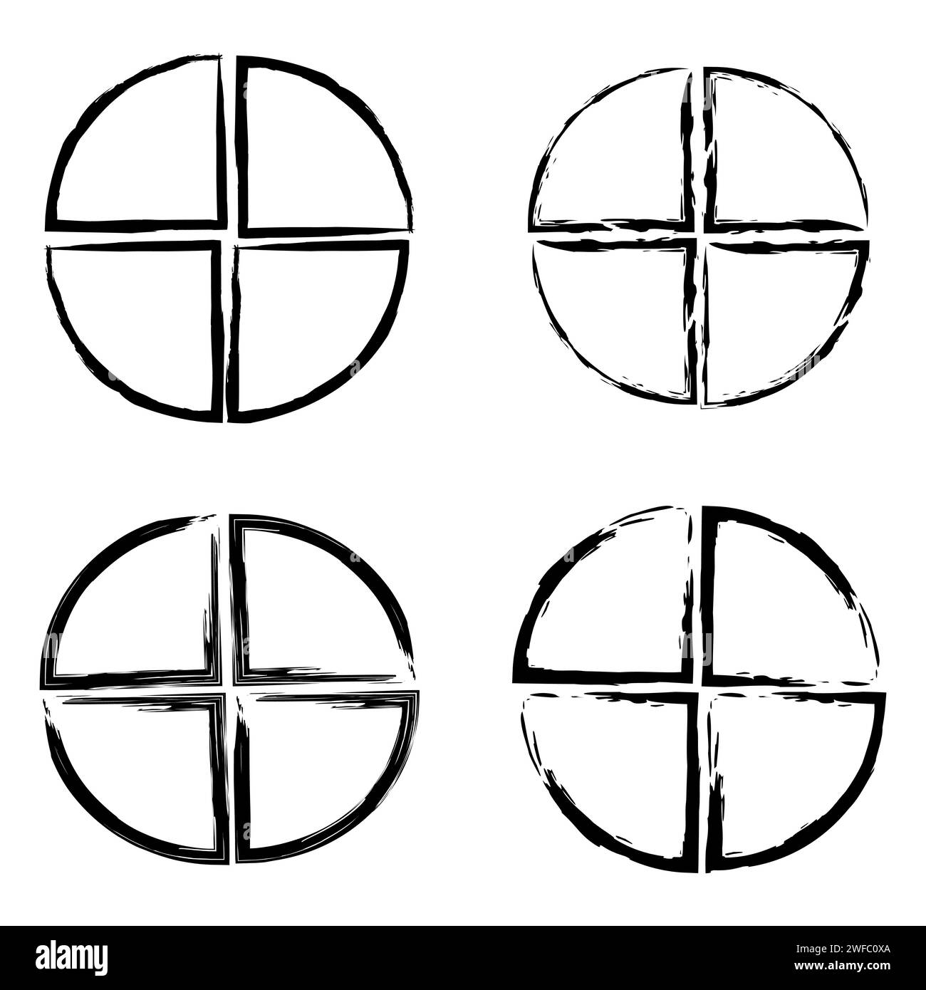Schwarzer Freihandkreis, unterteilt in 4 Teile Tusche Illustration. Abstraktes kreisförmiges Design. Vektorabbildung. Rohbild. EPS 10. Stock Vektor
