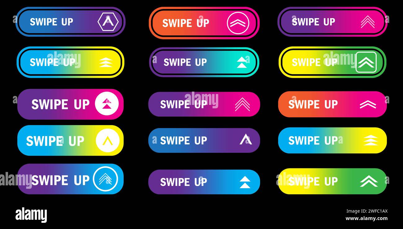 Sammlung von Symbolen für das Wischen nach oben. Schwarzer Hintergrund. Kommunikationselement. Moderne Stylenkunst. Vektorabbildung. Rohbild. EPS 10. Stock Vektor
