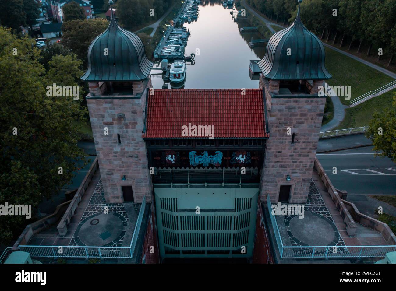 Reise Deutschland Ruhrgebiet Industriekultur Drone Blick auf den Schleusenpark Waltrop Stockfoto