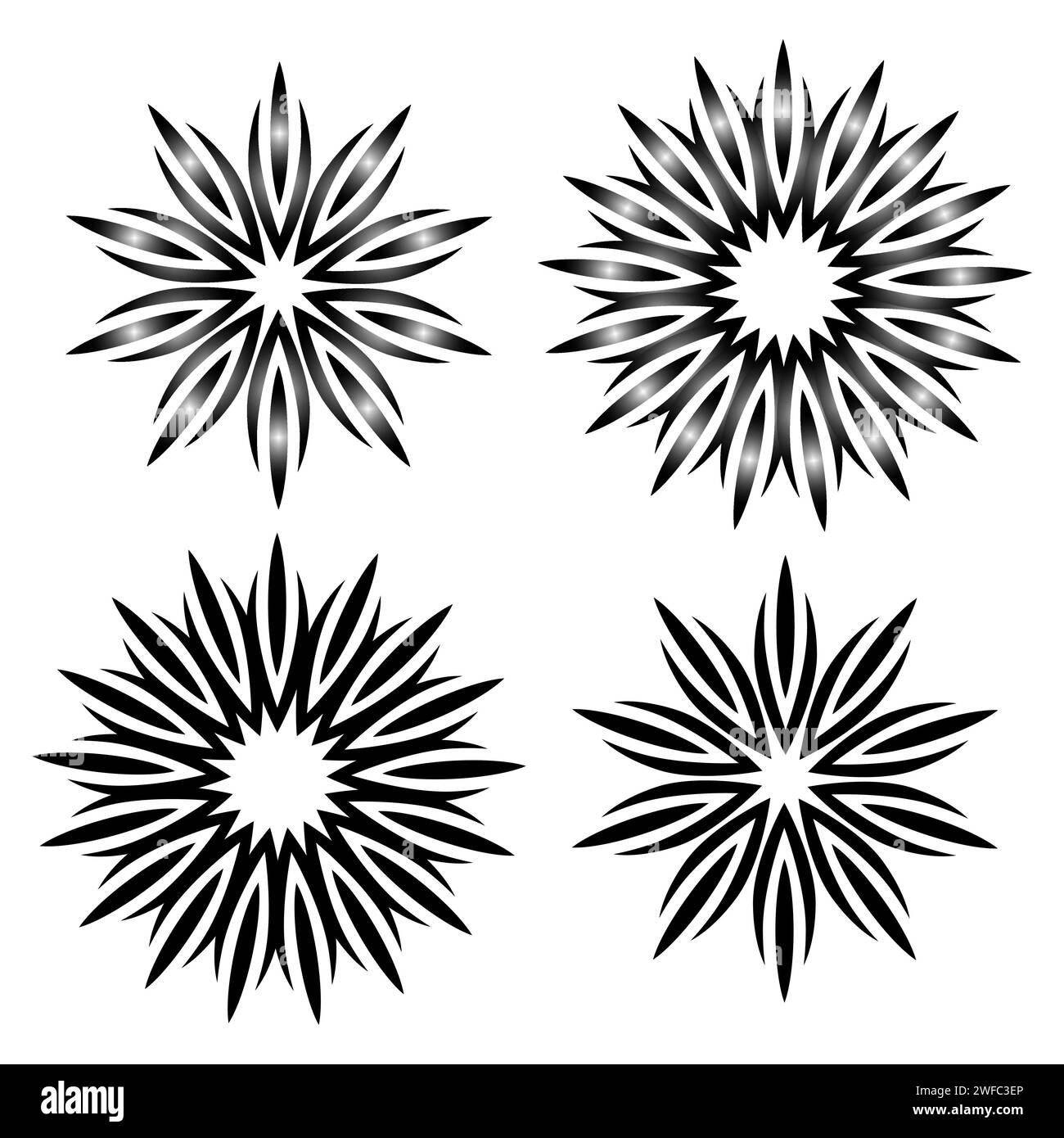 Symbole für Kreis mit Strahlen. Geometrisches Muster. Runde Form. Vektorabbildung. Rohbild. EPS 10. Stock Vektor