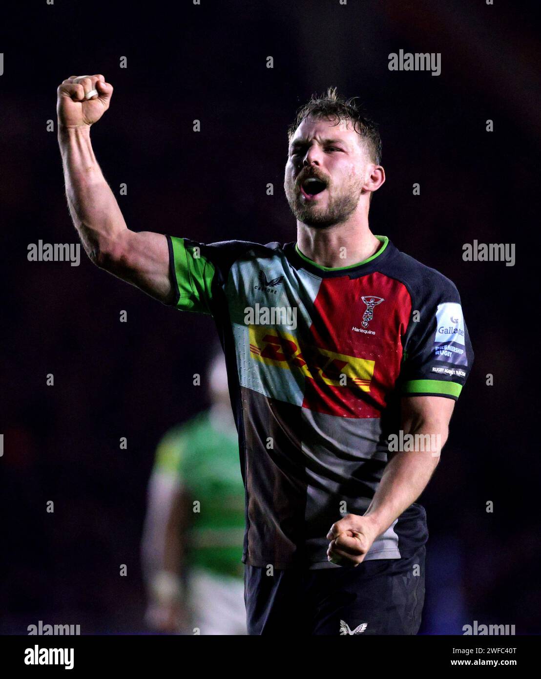 London, Großbritannien. Januar 2024. Harlequins will Evans feiert einen Elfmeter während des Gallagher Premiership Rugby-Spiels zwischen Harlequins und Leicest Stockfoto