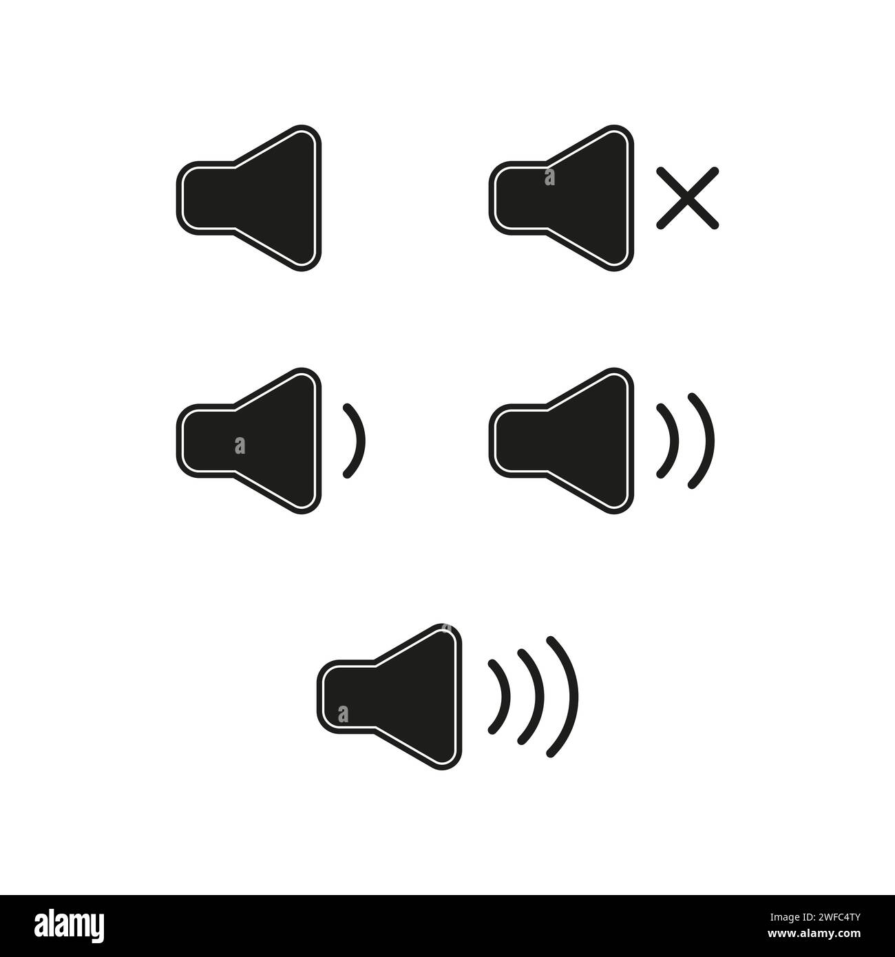 Symbole für Lautsprecher. Mobile App. Schallwelle. Weißer Hintergrund. Audioradio-App. Vektorabbildung. Rohbild. EPS 10. Stock Vektor