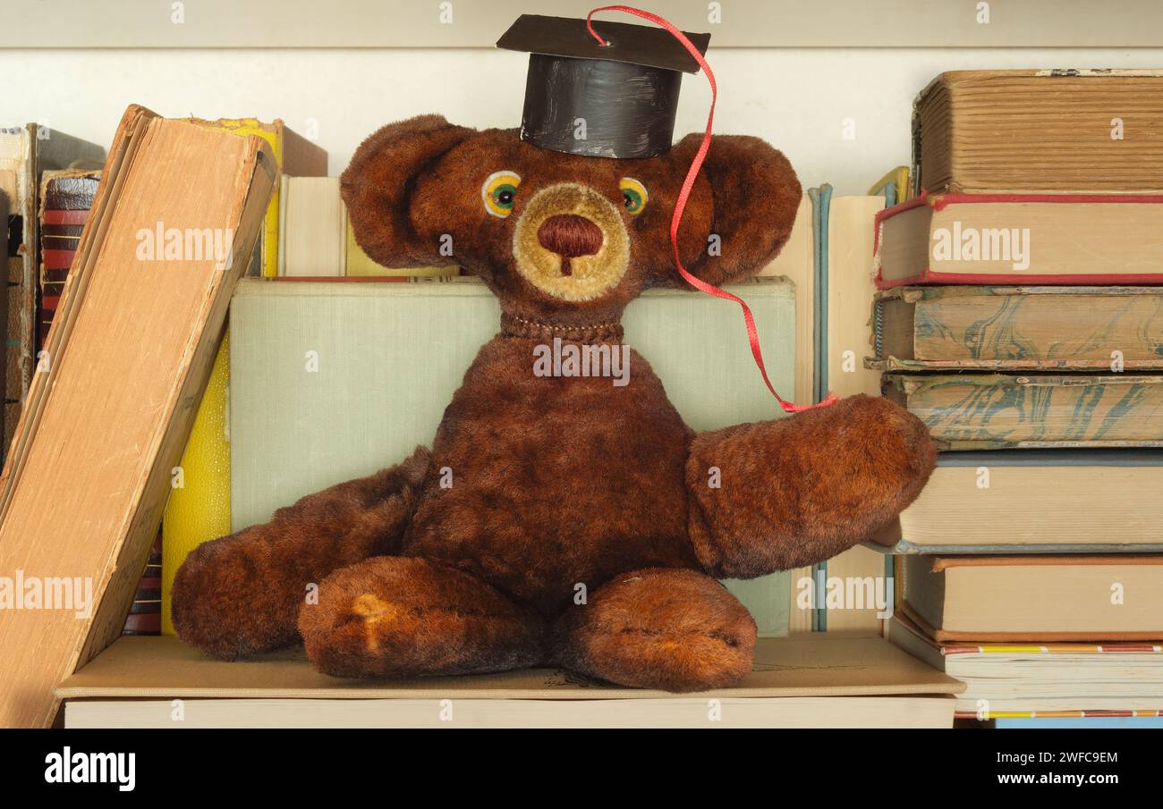 Ein Stapel Bücher mit einem Teddybären, der einen Abschlusshut trägt. Lernen, Bildung, Wissen ist Macht, Abschluss und Back-to-School-Konzept. Stockfoto