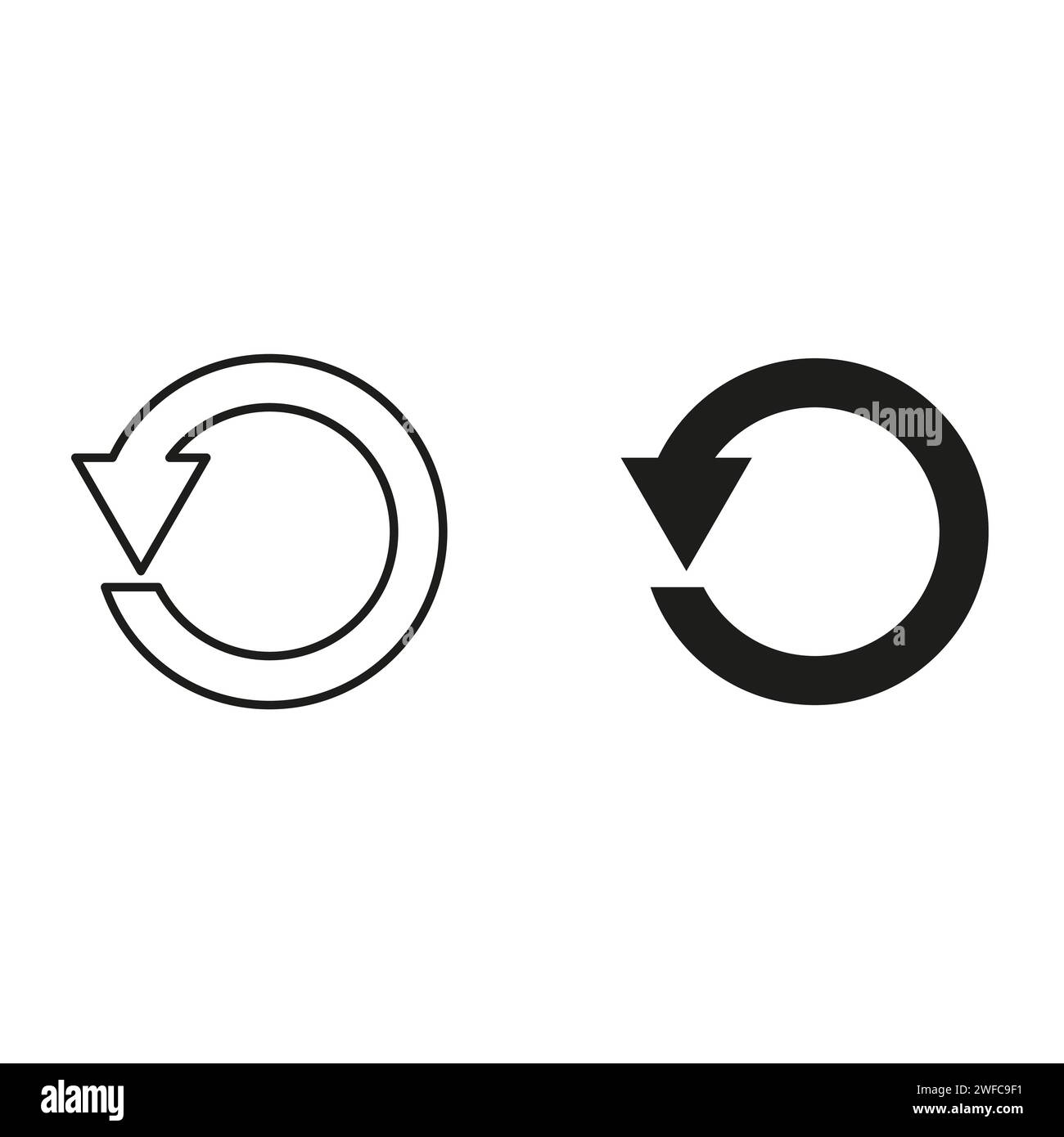 Kreisförmiger Pfeil. Zurück-Symbol. Kontur und schwarzes Zeichen. Flachbild. Einfaches Design. Vektorabbildung. Rohbild. EPS 10. Stock Vektor