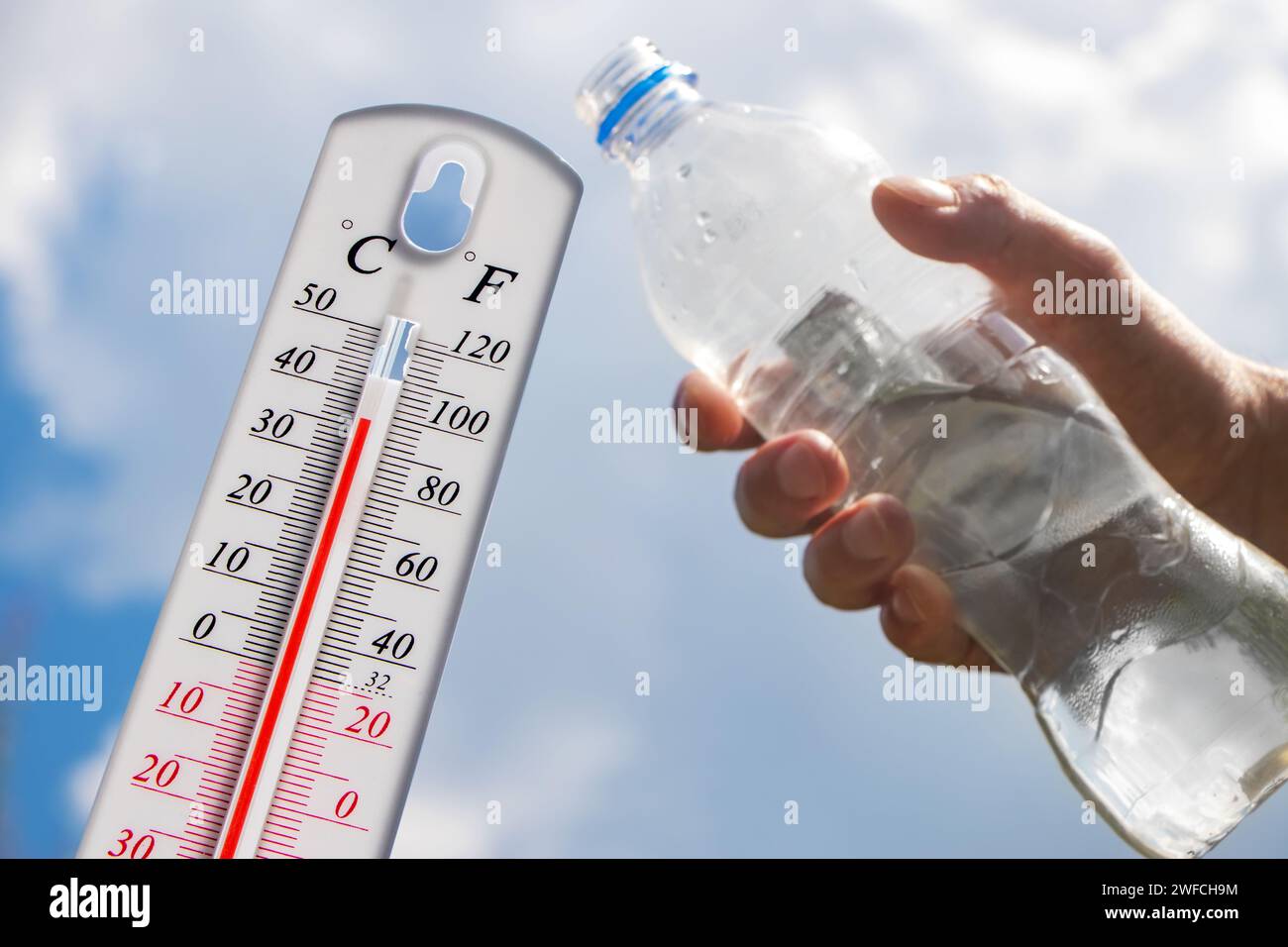 Heiße Temperatur, Thermometer und Wasserflasche am Himmel mit Sonnenschein im Sommer zeigen höheres Wetter, Konzept der globalen Erwärmung. Stockfoto