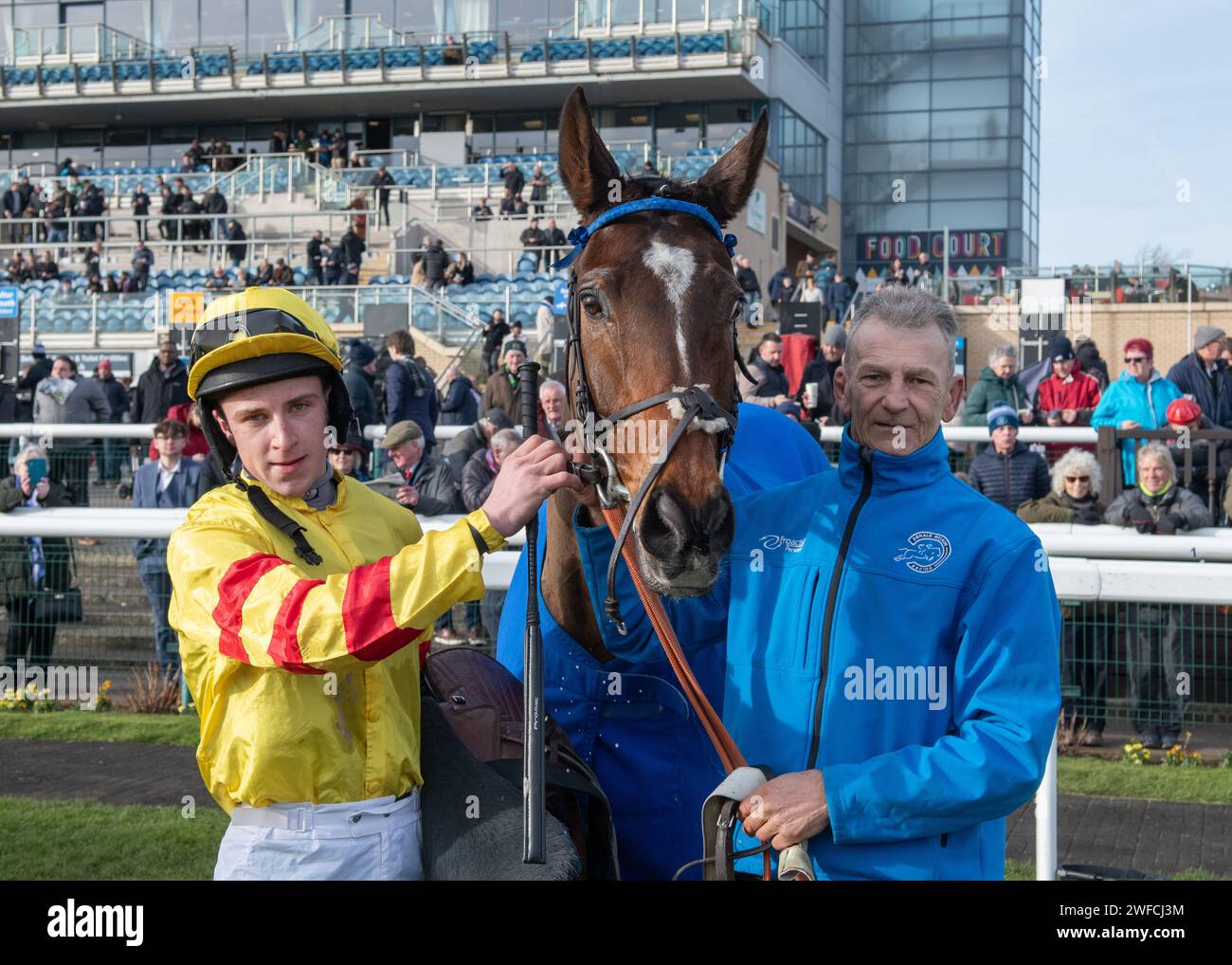 Geromino gewinnt die SBK Handicap-Hürde in Doncaster für Donald McCain, Charlie Maggs und Mr. G E Fitzpatrick am Samstag, den 27. Januar, in Doncaster Stockfoto