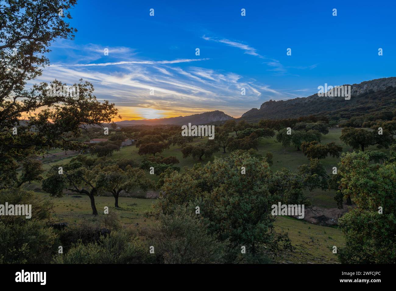 Sonnenuntergang im Monfrague Nationalpark Spanien, einer der besten Hotspots für Vogelbeobachtungen und Wanderungen Stockfoto