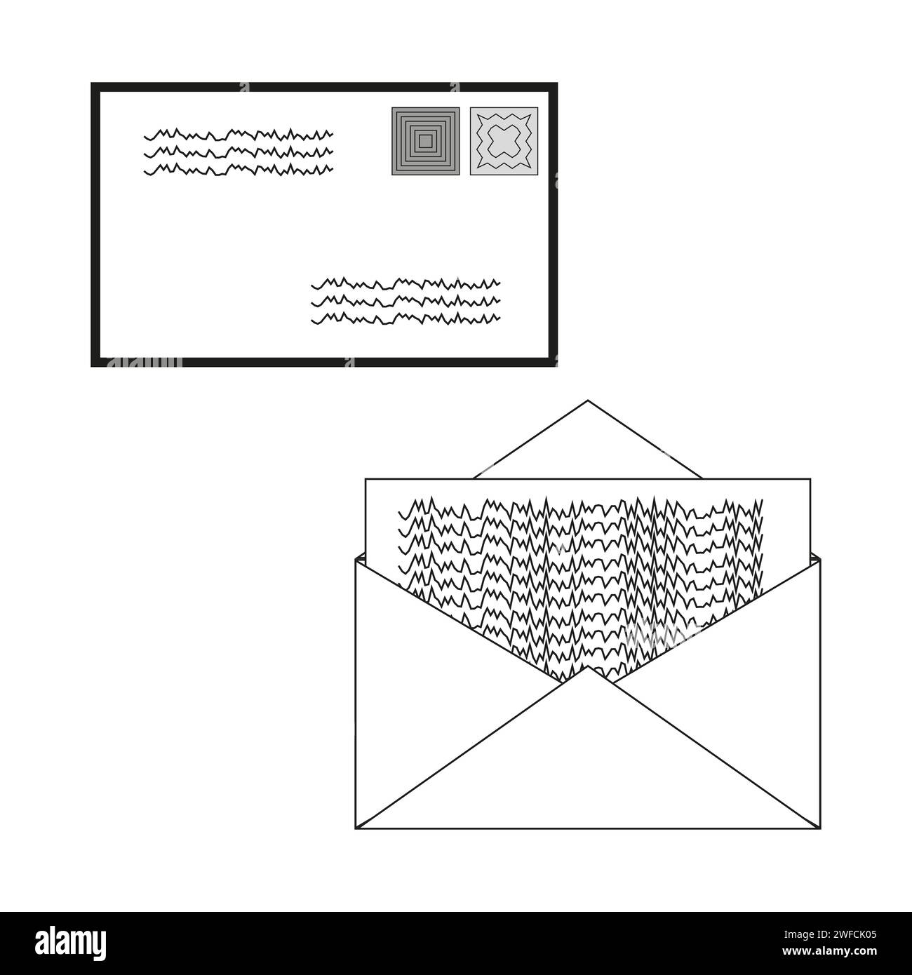 Briefumschlag-Adresse im Skizzenstil. Leere Postkarte.Vektorillustration. Rohbild. EPS 10. Stock Vektor
