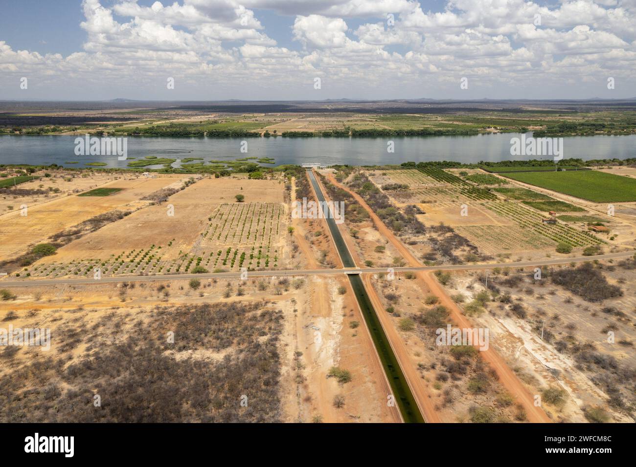 Drohnenansicht des Plantagenbereichs profitiert von der Bewässerung des Hauptkanals des Pontal Sul Projekts - Vale do São Francisco - Stockfoto