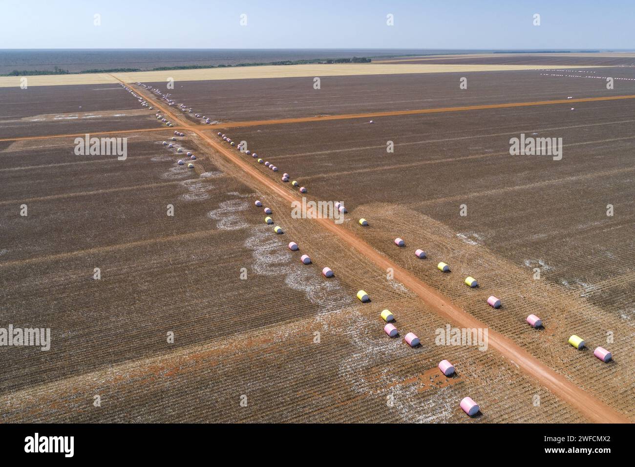 Drohnenansicht der gepressten Baumwollballen nach der Ernte - Stockfoto
