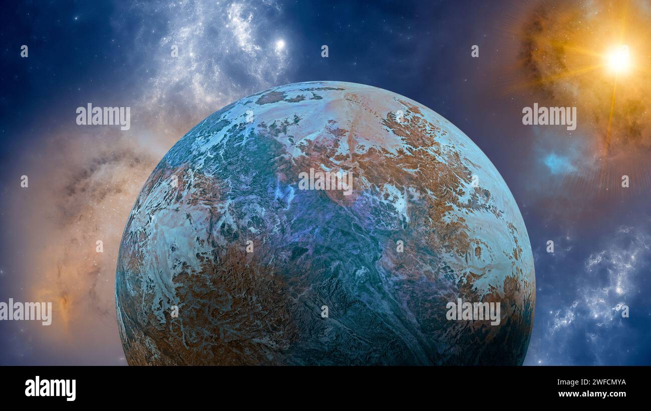 Planeten und andere Sonnensysteme, Nebel und Exoplaneten, Bildung neuer Welten, Urknallgeburt des Universums. 3D-Rendering Stockfoto