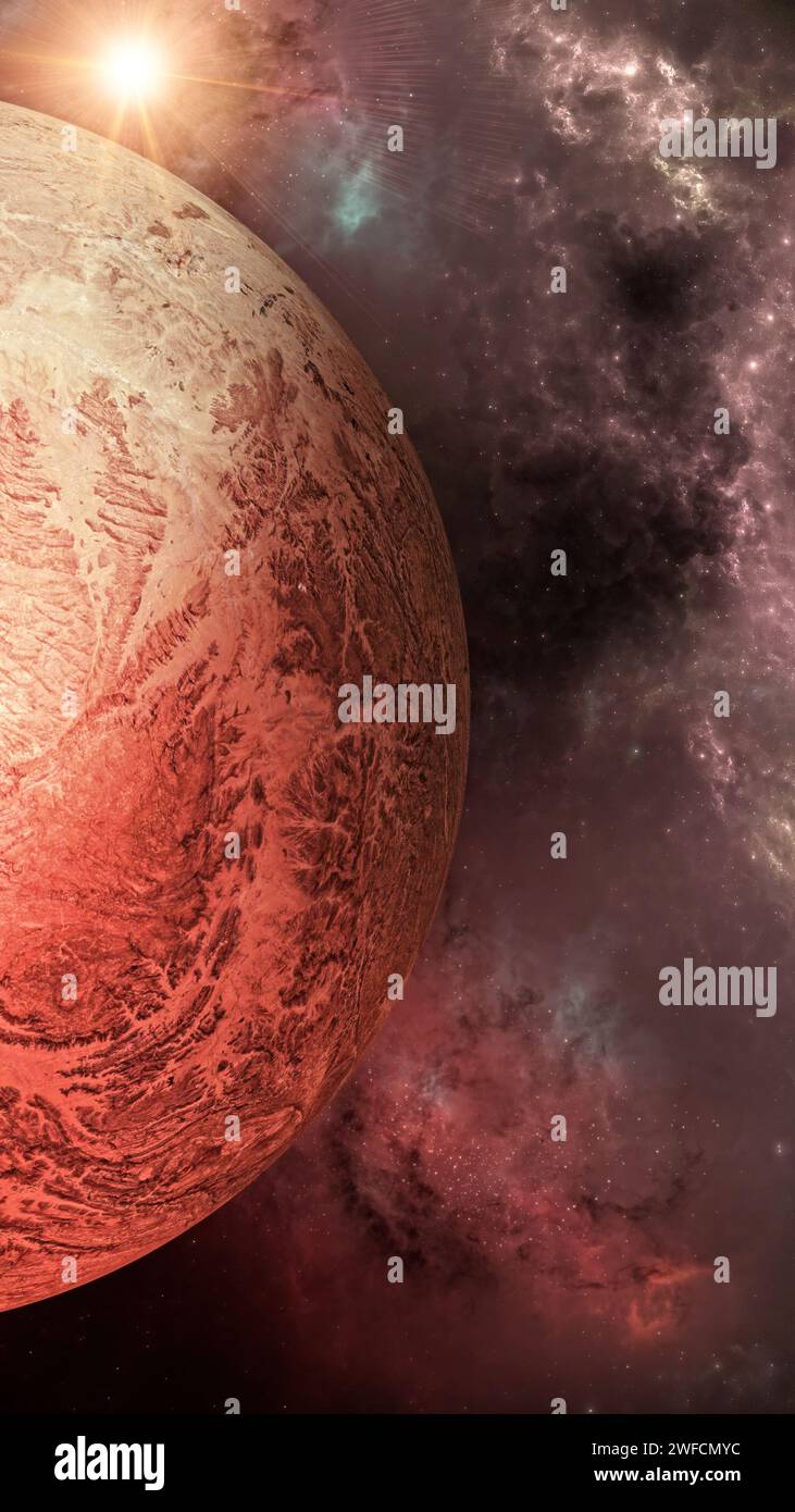 Planeten und andere Sonnensysteme, Nebel und Exoplaneten, Bildung neuer Welten, Urknallgeburt des Universums. 3D-Rendering Stockfoto
