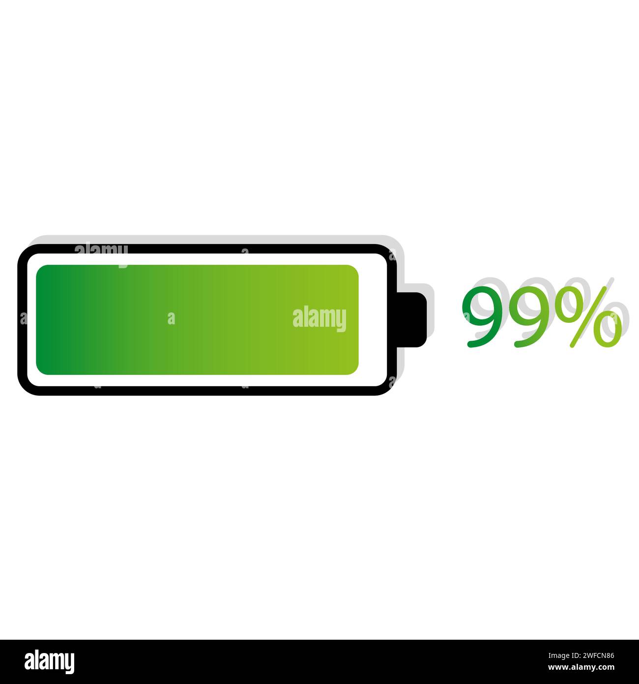 Grüne Batterie. Grüne Batterie 99 Prozent. Metallhintergrund. Vektorabbildung. Rohbild. EPS 10. Stock Vektor