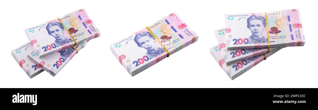 Bankpakete von 200 ukrainischen hrywna, isoliert auf weißem Hintergrund. Stockfoto
