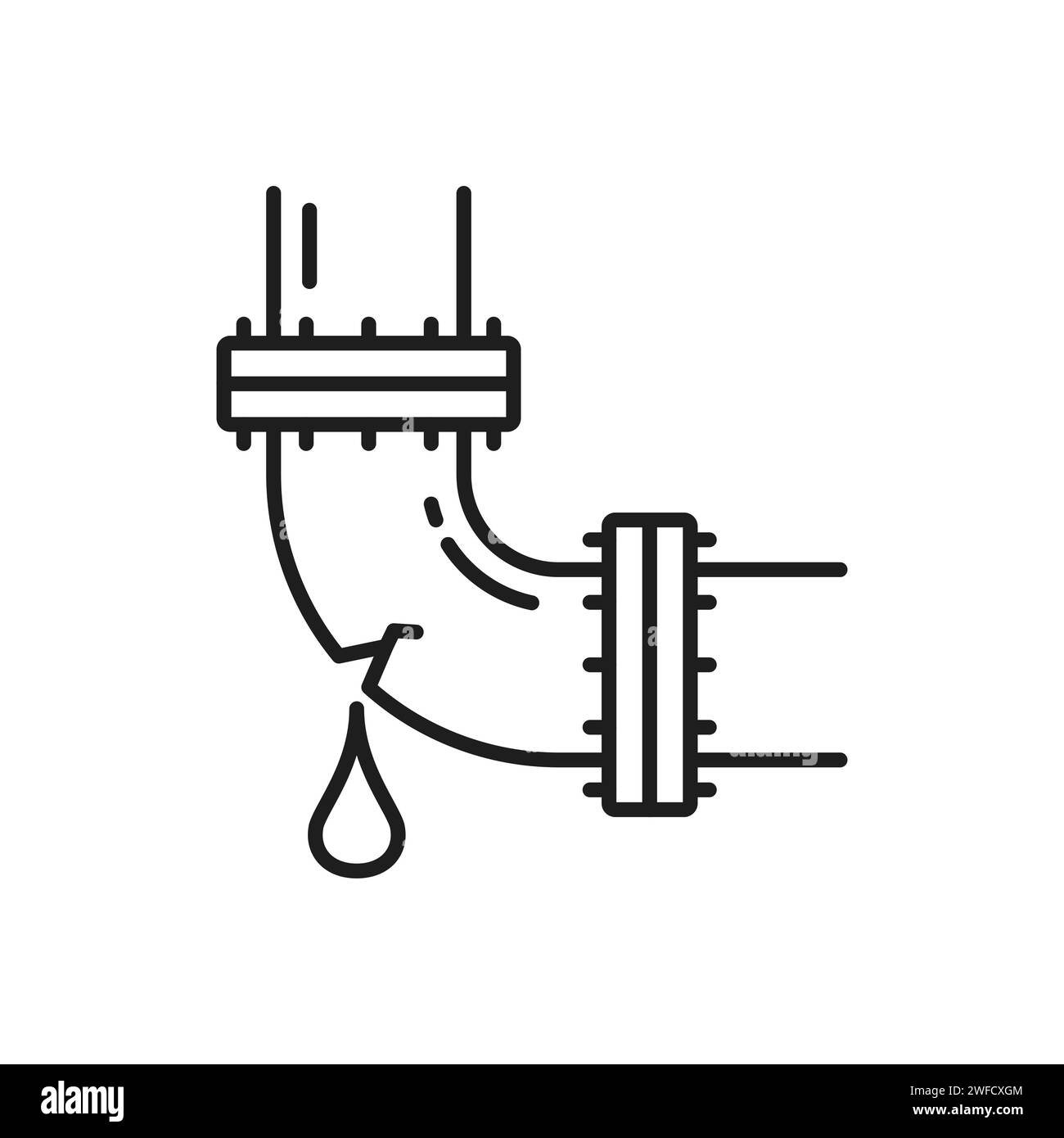 Symbol für Sanitär-Service mit gebrochenem Abwasserrohr. Sanitär Wartung Umrisssymbol oder -Schild, Abwasserbefestigung oder undichte Wasserleitung Reparatur dünne Linie Vektor lineares Piktogramm oder Symbol Stock Vektor