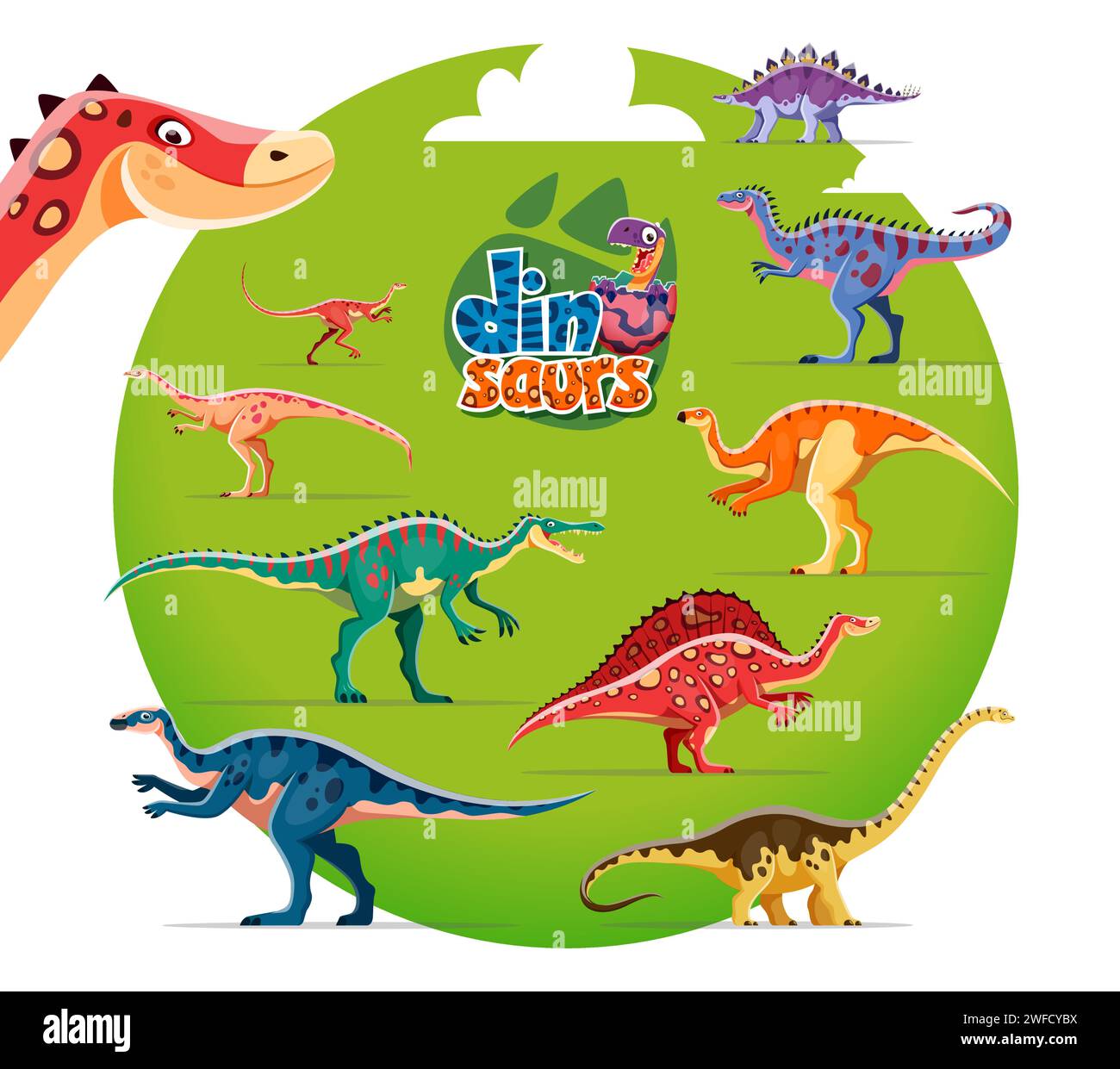 Niedliche Dinosaurier-Cartoon-Persönlichkeiten. Dravidosaurus, Alectrosaurus, Alvarezsaurus und Archaeornithomimus, Suchomimus, Probactrosaurus, Ouranosaurus und Aralosaurus, Hypselosaurus-Dinosaurier-Charaktere Stock Vektor