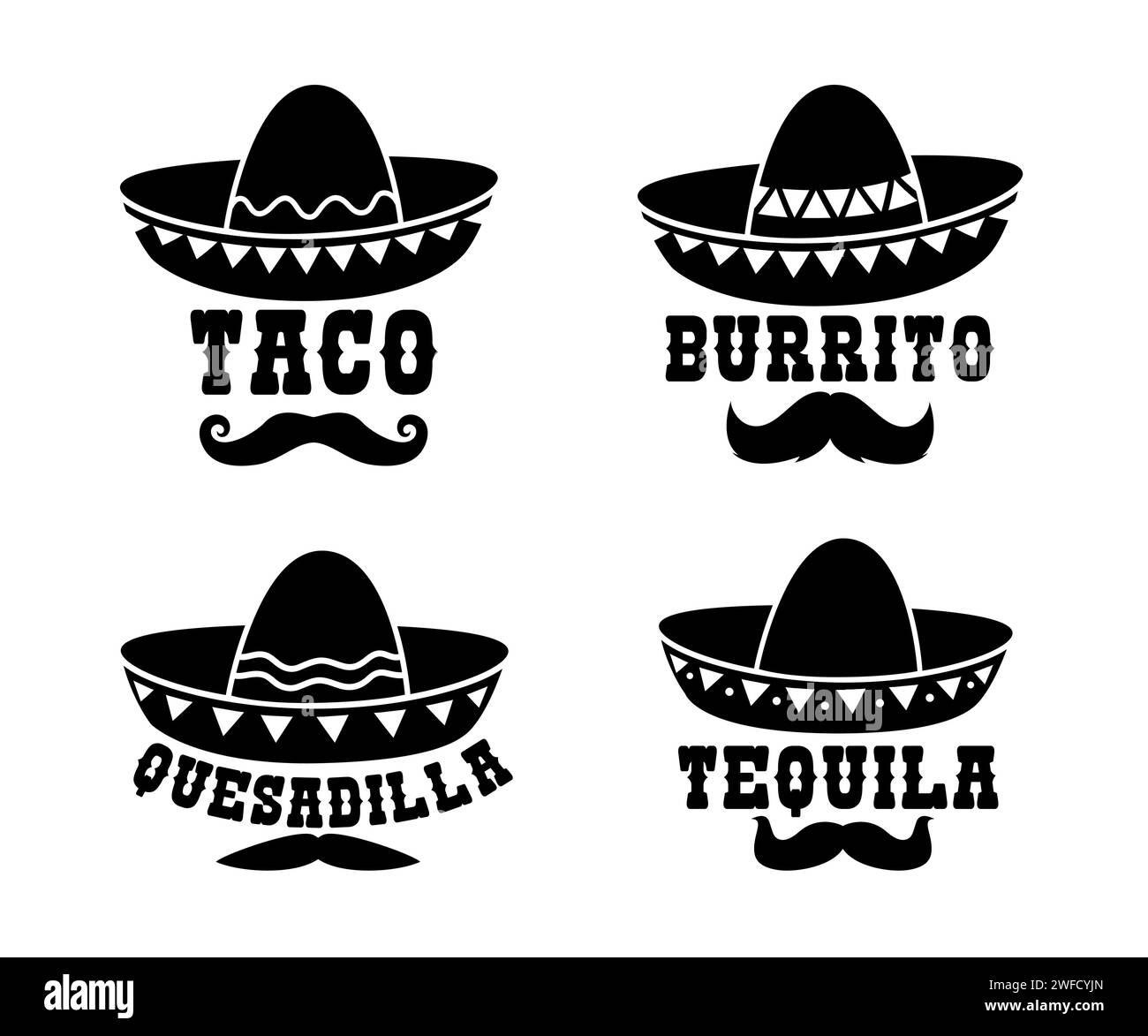 Mexikanischer Sombrero mit Burrito, Taco, Quesadilla und Tequila Typografie-Wörtern. Isolierte vektorschwarze Silhouetten traditioneller lateinischer Kopfbedeckungen mit Schnurrbart und kreativer Schrift von Tex mex Mahlzeiten Stock Vektor