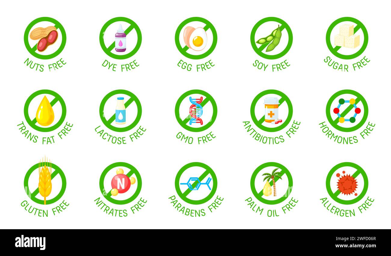 Symbole und Symbole für Zucker, Gluten, GVO, laktosefreie Symbole. Bio-sicheres Landwirtschaftsprodukt, Hormone enthalten Zertifizierung oder natürliche Lebensmittelgarantie Vektorsiegel. Keine FARBSTOFFE, Eier, Sojabohnenfrei, Zucker und Transfettspuren Stock Vektor