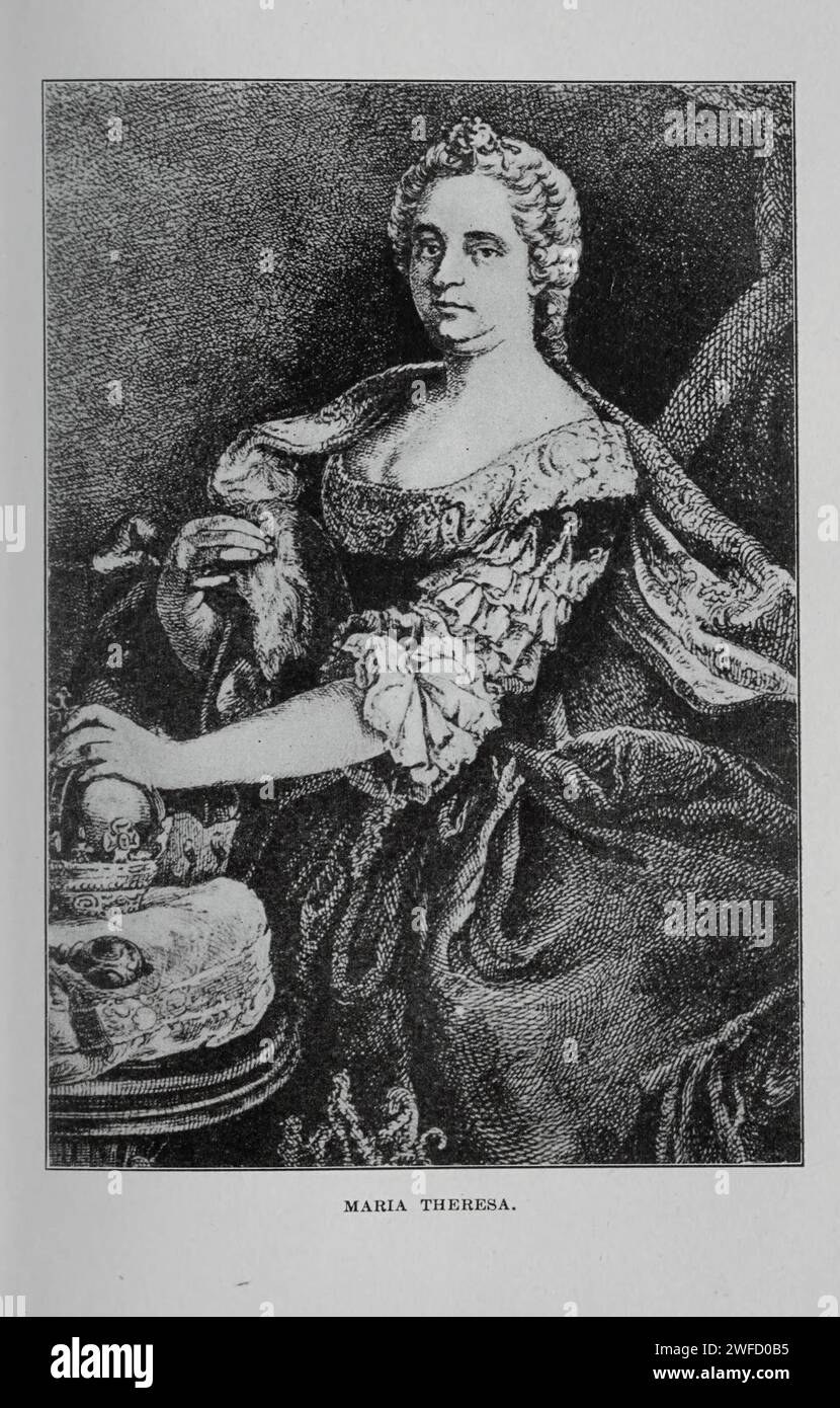 Maria Theresia Walburga Amalia Christina (13. Mai 1717 – 29. November 1780) war von 1740 bis zu ihrem Tod 1780 Herrscherin der Habsburgerherrschaft und die einzige Frau, die die Position suo jure innehatte. Sie war die Souveränin von Österreich, Ungarn, Kroatien, Böhmen, Siebenbürgen, Mantua, Mailand, Galicien und Lodomeria, Österreich Niederlande und Parma. Durch Heirat war sie Herzogin von Lothringen, Großherzogin von Toskana und Kaiserin des Heiligen Römischen Reiches. Stockfoto