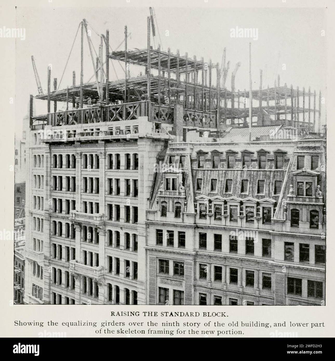 DAS ANHEBEN DES STANDARDBLOCKS mit den Ausgleichsträgern über das neunte Stockwerk des alten Gebäudes und der untere Teil des Skelettrahmens für den neuen Teil. Aus dem Artikel DER TECHNISCHEN PROBLEME DES HOCHBAUS. Von Charles O. Brotvn. Vom Engineering Magazine widmet sich Industrial Progress Band XI Oktober 1897 The Engineering Magazine Co Stockfoto