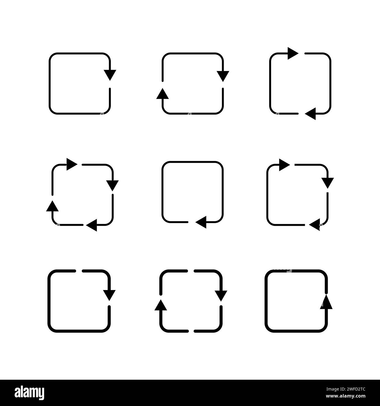 Flache Quadrate Pfeile Symbole. Symbol „Neu laden“. Modellsymbolsammlung. Vektorabbildung. Rohbild. EPS 10. Stock Vektor