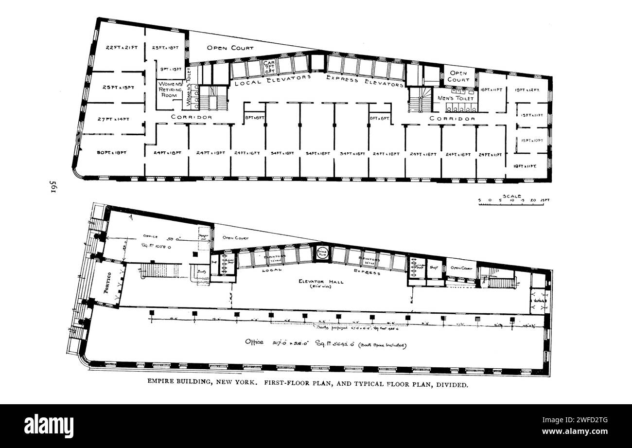 Empire Building, New York erster Stockplan und typischer Grundriss geteilt aus dem Artikel DIE ARCHITEKTONISCHEN BEZIEHUNGEN DES STAHLSKELETT-GEBÄUDES. Von F. H. Kimball. Vom Engineering Magazine widmet sich Industrial Progress Band XI Oktober 1897 The Engineering Magazine Co Stockfoto