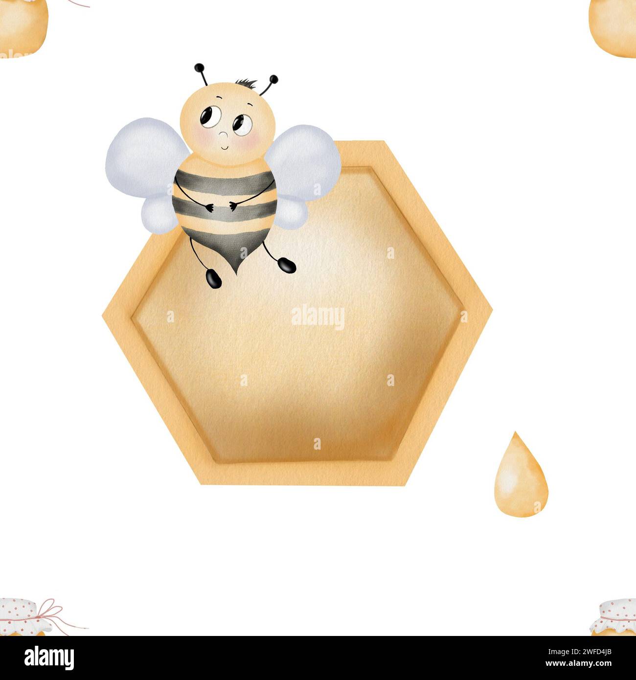 Nahtloses Babymuster in Aquarellfarben mit niedlichen Bienen und Gläsern mit Honig. Zeichentrickinsekten und süße Tropfen. Kawaii-Illustration zum Drucken auf Kinderfiguren Stockfoto