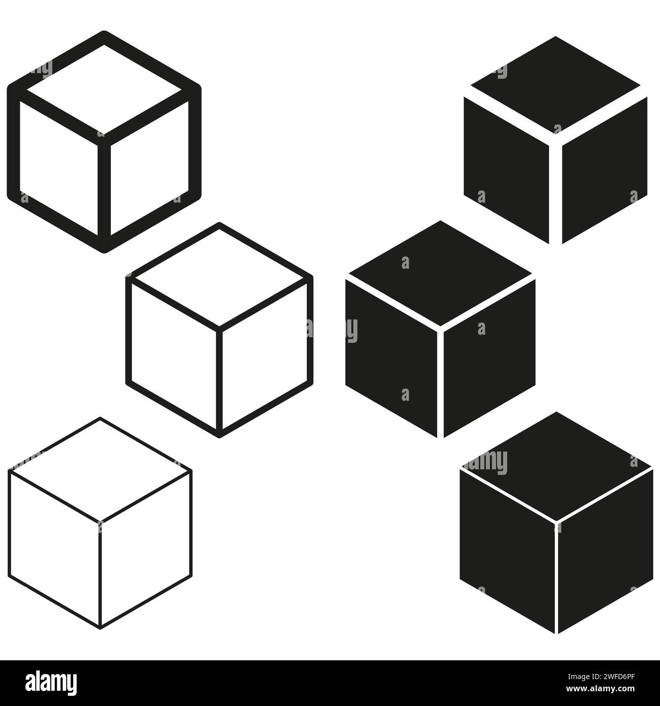 Symbol „Cube Set isoliert“. 3D-Kästchen in verschiedenen Stilen. Schwarzes Blocksymbol für Web- und App-Design. Vektorabbildung. EPS 10. Stock Vektor