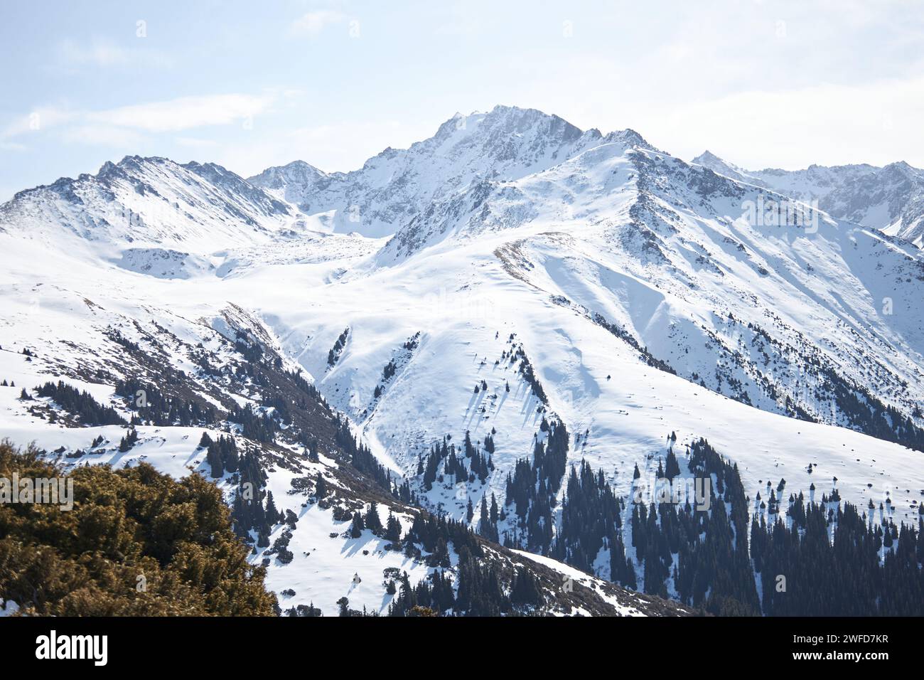 Skigebiet Karakol. Beliebtes Urlaubsziel für Touristen, die Kirgisistan besuchen. Panoramablick von der Spitze der Hanglage auf schneebedeckte hohe Berge. Wint Stockfoto