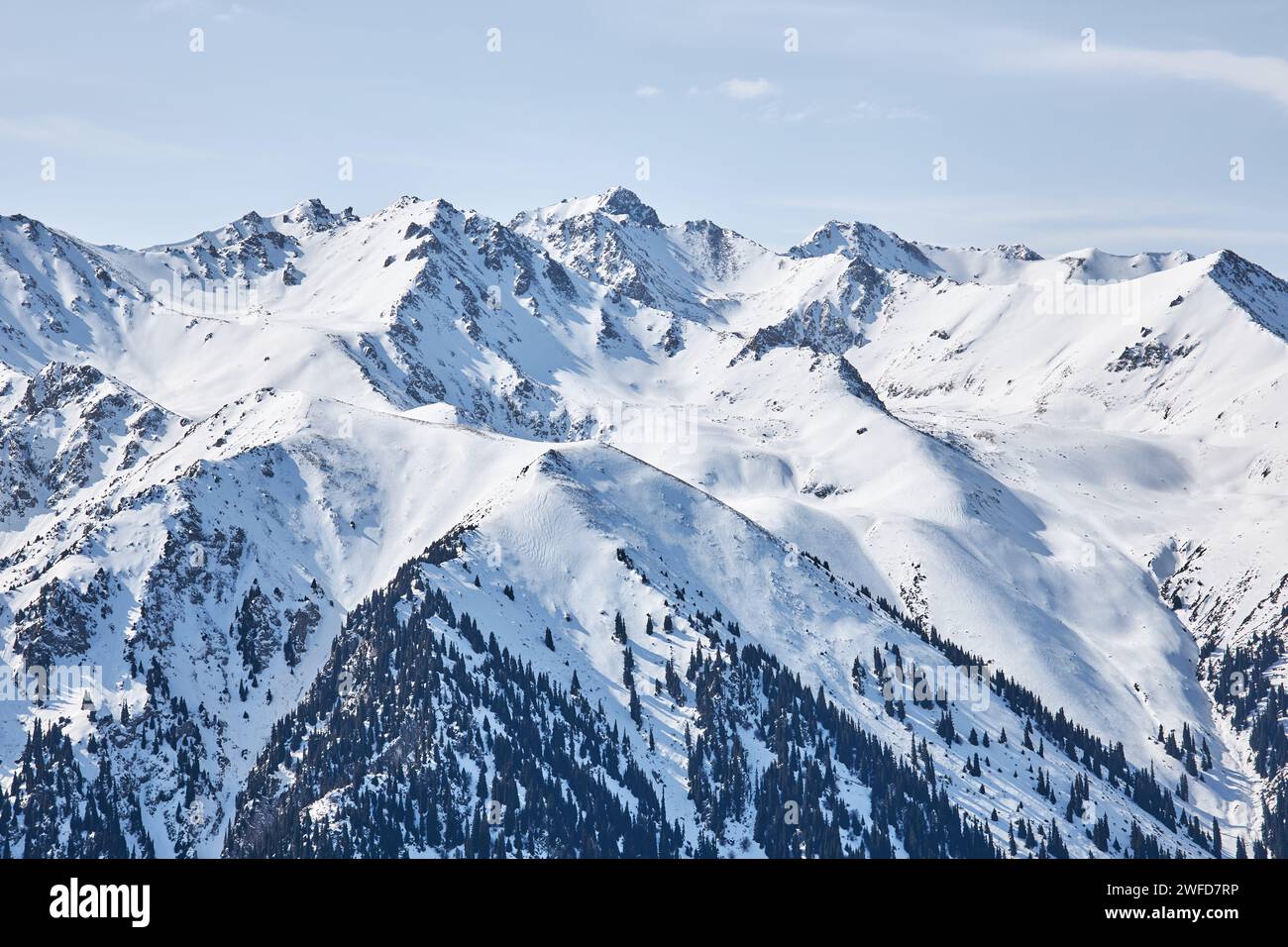 Panoramablick von der Spitze der Hanglage auf schneebedeckte hohe Berge. Karakol Skigebiet in Kirgisistan. Winterlandschaft, Bergkette Stockfoto