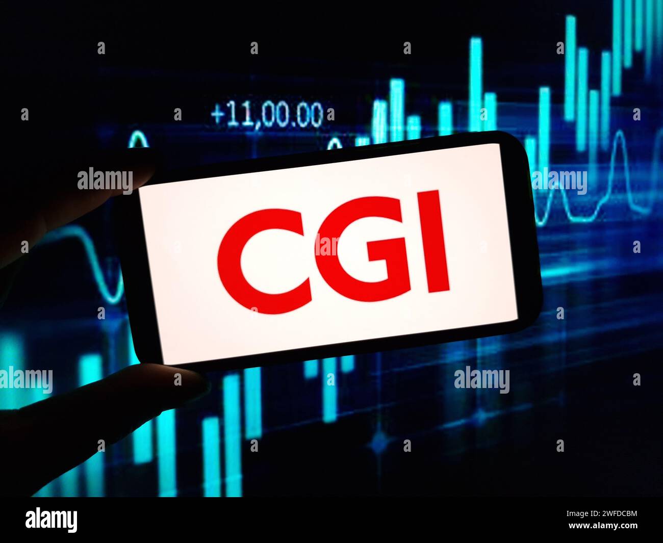 Konskie, Polen - 27. Januar 2024: Das Firmenlogo von CGI wird auf dem Bildschirm des Mobiltelefons angezeigt Stockfoto