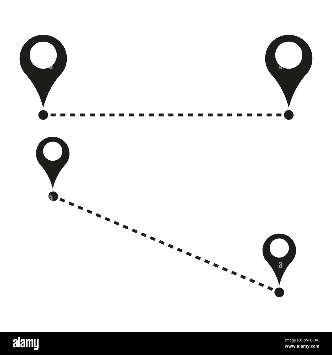 Symbol für die Routenposition, zwei Pin-Schilder und gepunktete Straßenlinie, Symbol für Start und Ende des Weges auf weißem Hintergrund. EPS 10. Vektorabbildung. Stock Vektor