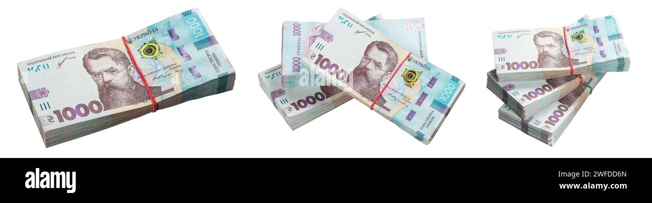 Bankpakete von 1000 ukrainischen hrywna, isoliert auf weißem Hintergrund. Stockfoto