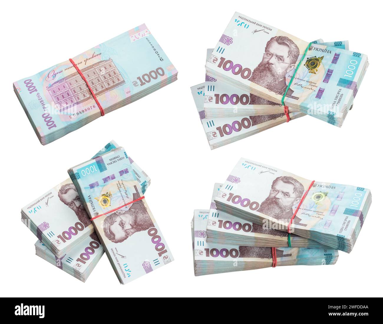 Bankpakete von 1000 ukrainischen hrywna, isoliert auf weißem Hintergrund. Stockfoto