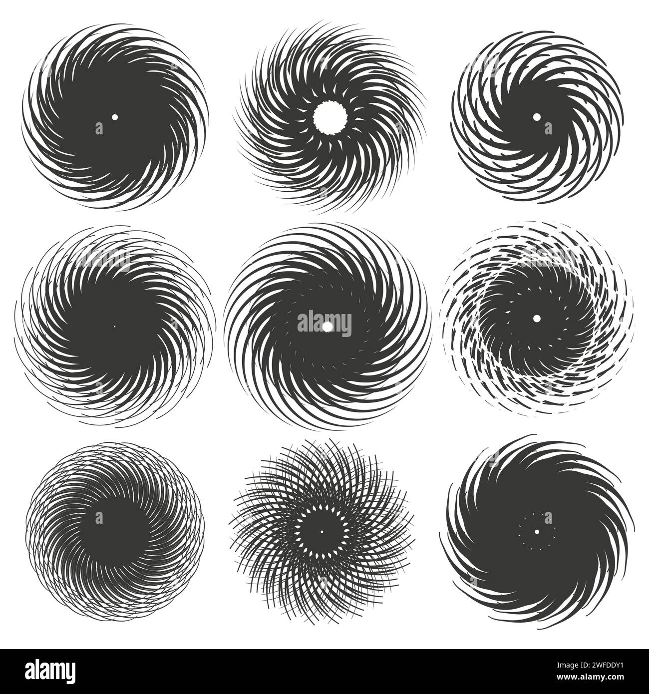 Spiralelement, Drall, Drall, Spiralelement. Whirlpool, Whirlpool-Effekt. Kreisförmige, radiale Linien mit Drehung. EPS 10. Stock Vektor